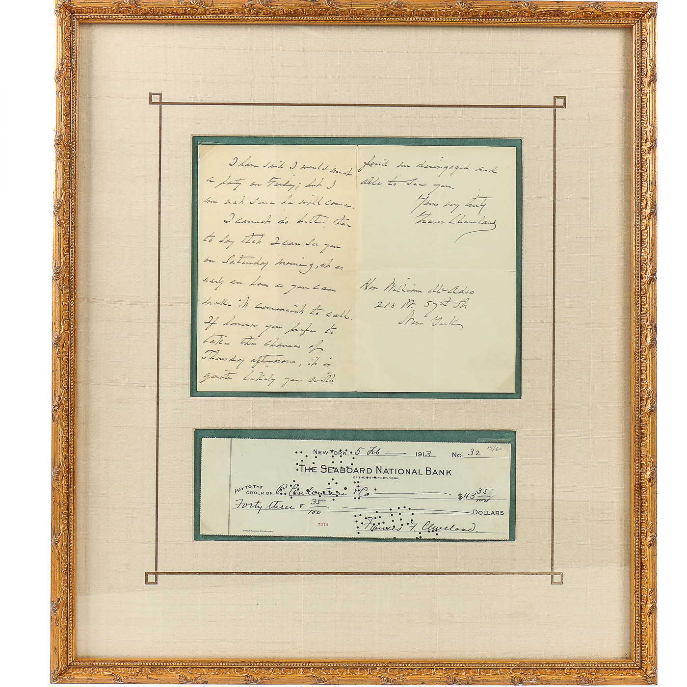 Grover Cleveland Autograph Letter Signed and Francis Cleveland Signed Check