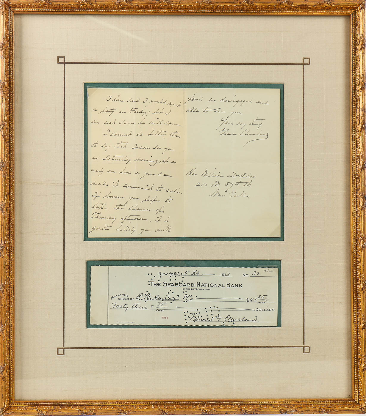 Grover Cleveland Autograph Letter Signed and Francis Cleveland Signed Check