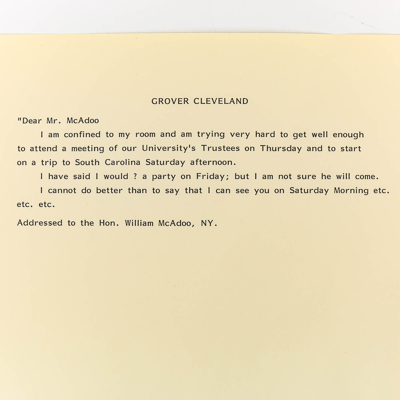 Grover Cleveland Autograph Letter Signed and Francis Cleveland Signed Check