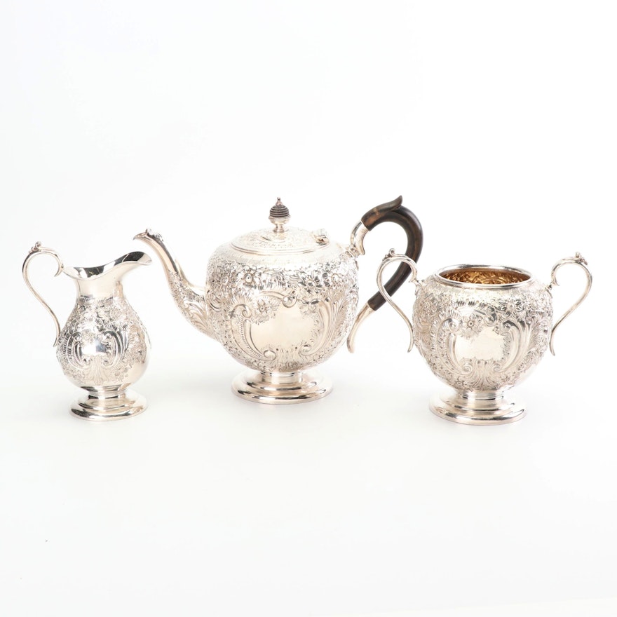 Joseph Rodgers & Sons English Repoussé Silver Plate Three-Piece Tea Set