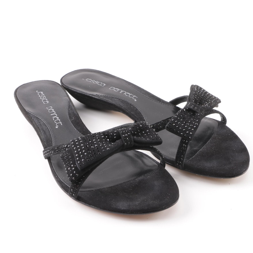 Jessica Bennett Black Suede Sandals with Flat Bow and Rhinestone Embellishments