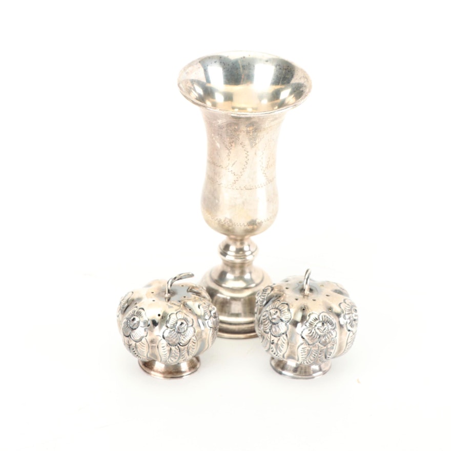 Mexican Sterling Floral Salt and Pepper Shaker Set with Sterling Kiddush Cup