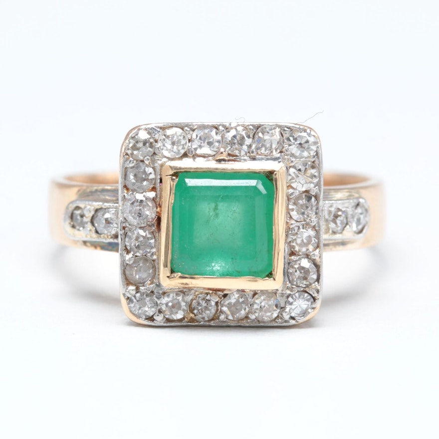 14K Yellow Gold 1.07 CT Emerald and Diamond Ring