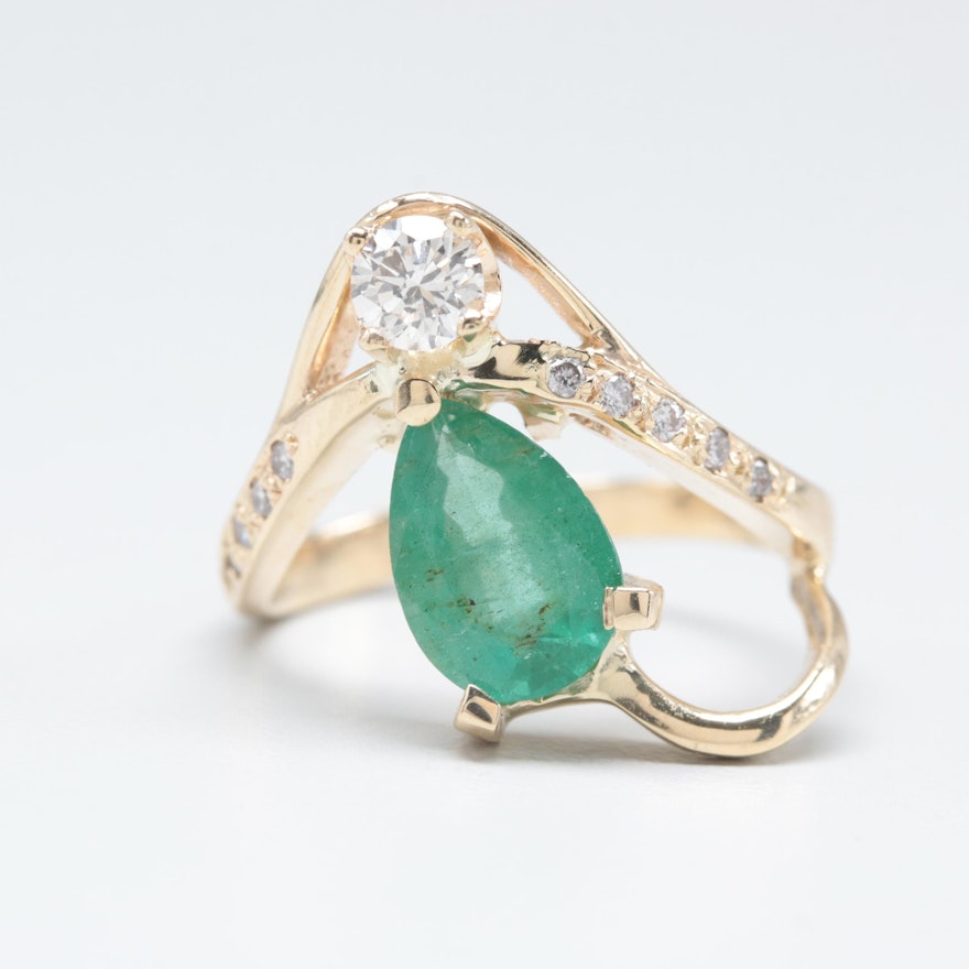 14K Yellow Gold 1.17 CT Emerald and Diamond Ring