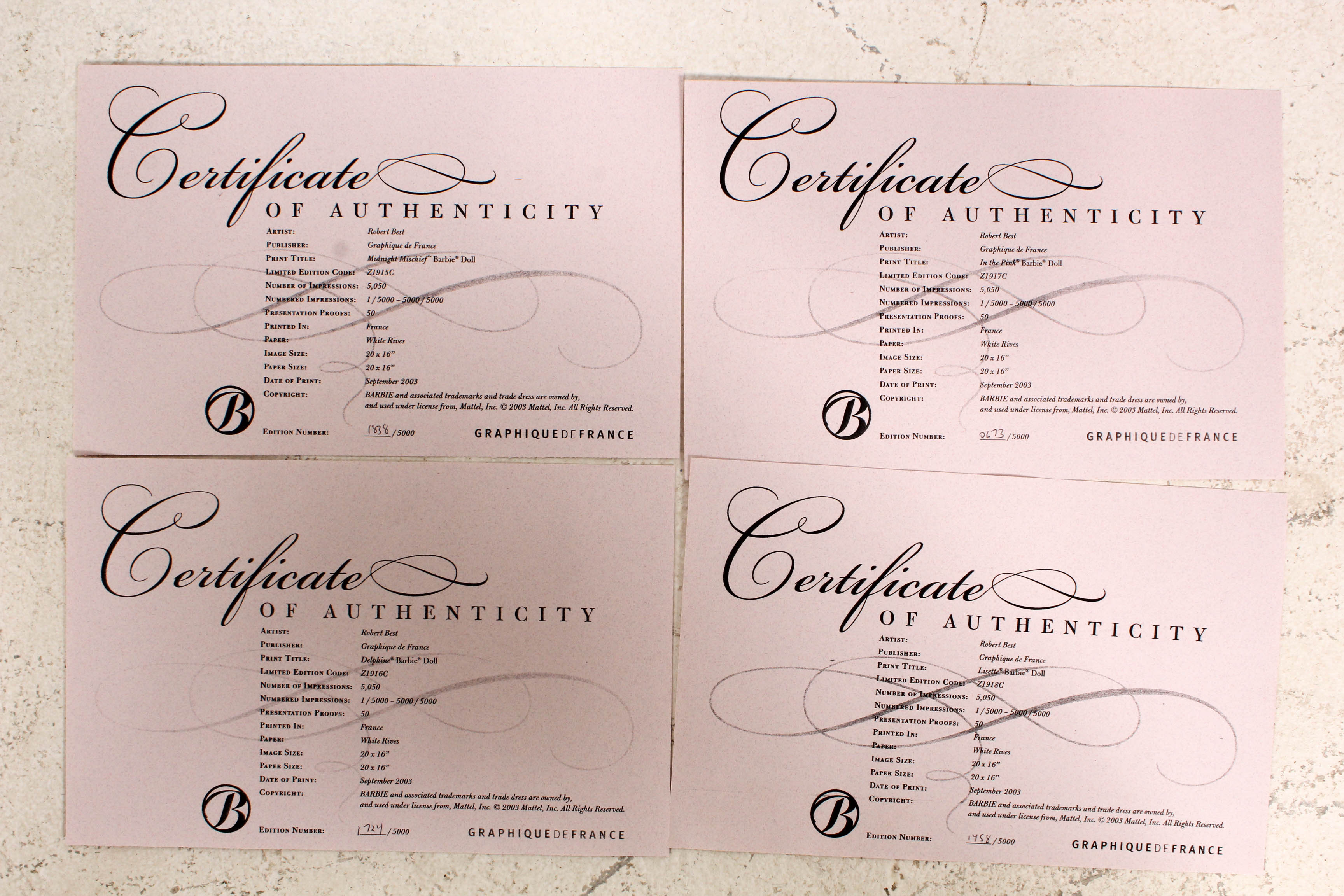 Robert Best Limited Edition "Barbie Doll Fashion" Offset Lithographs