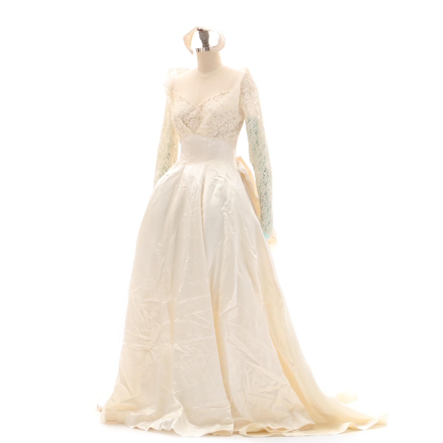Vintage Gowns by Priscilla of Boston Wedding Gown with Lace and Matching Veil