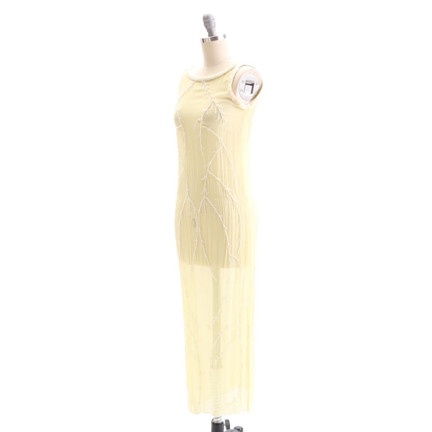 Circa 1920s Vintage Pale Yellow Silk Bead Embellished Dress