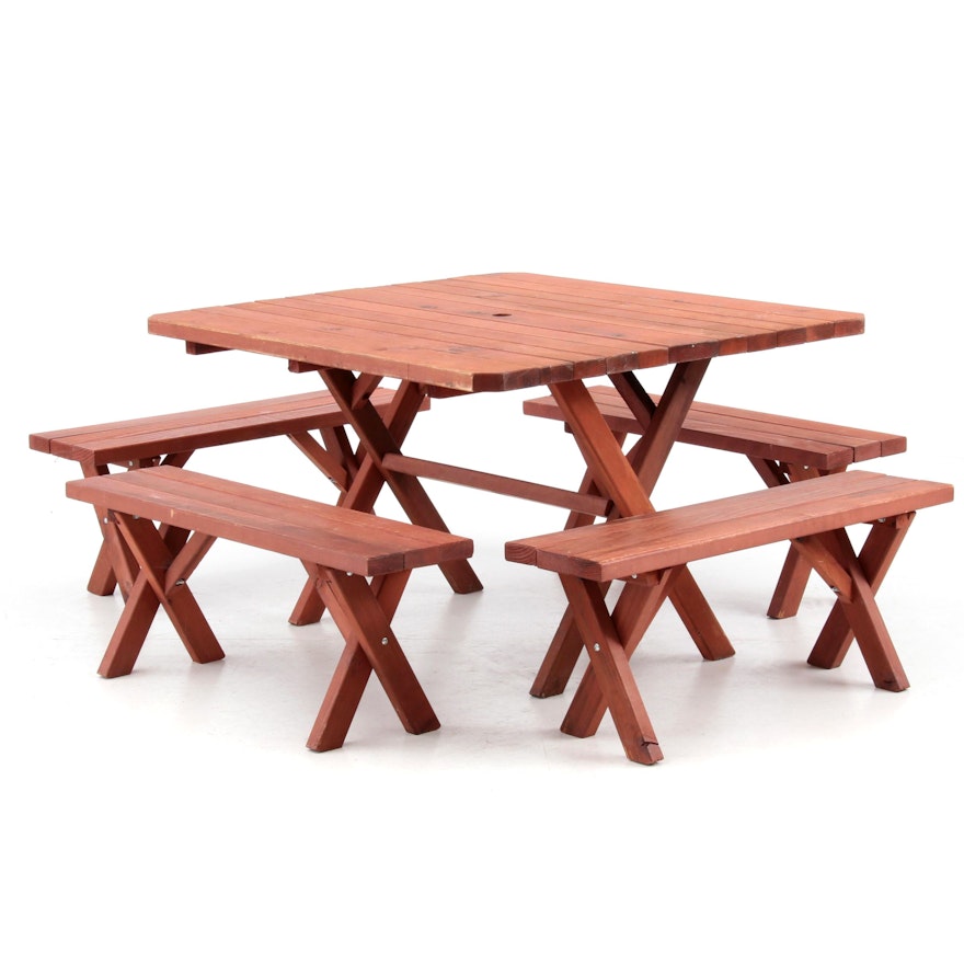Pine Patio Table and Benches with Redwood Stain