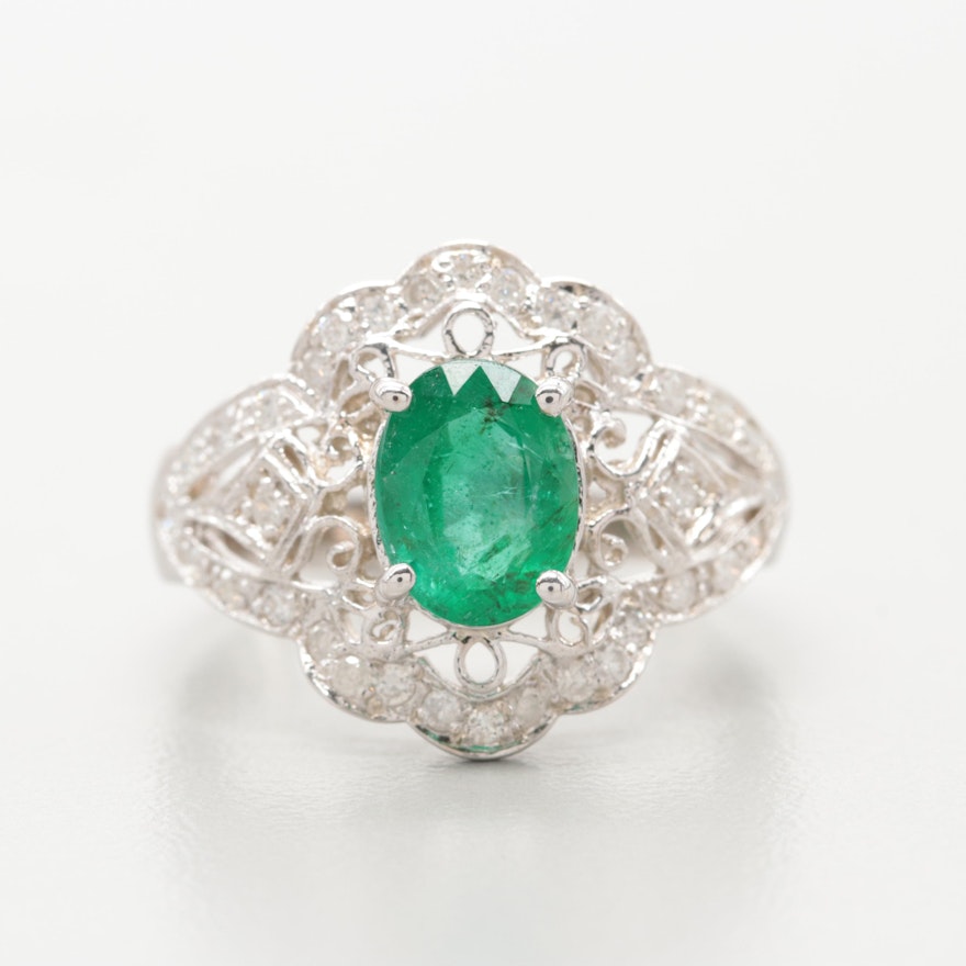 14K White Gold Emerald and Diamond Ring