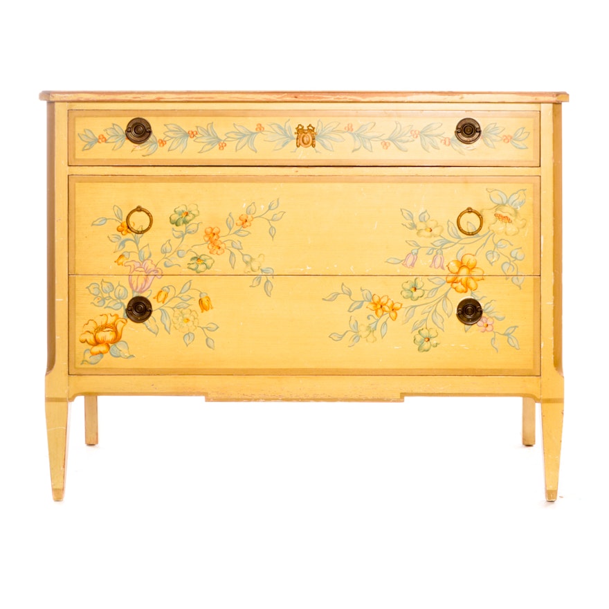 Floral Themed Painted Wooden Chest of Drawers, Mid-20th Century