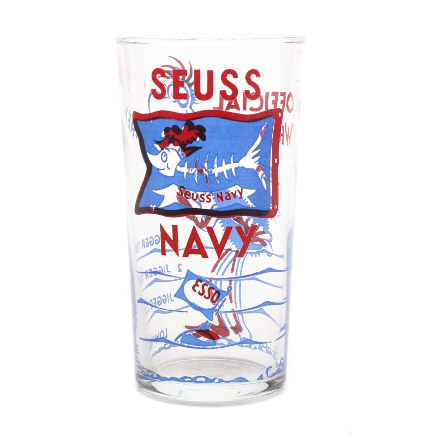 Circa 1950's Esso Measuring Bar Glass with Dr. Seuss Navy Flag Theme