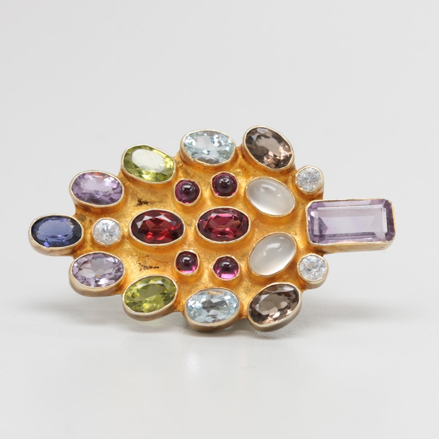 Gold Wash on Sterling Silver Multi-Gemstone Brooch