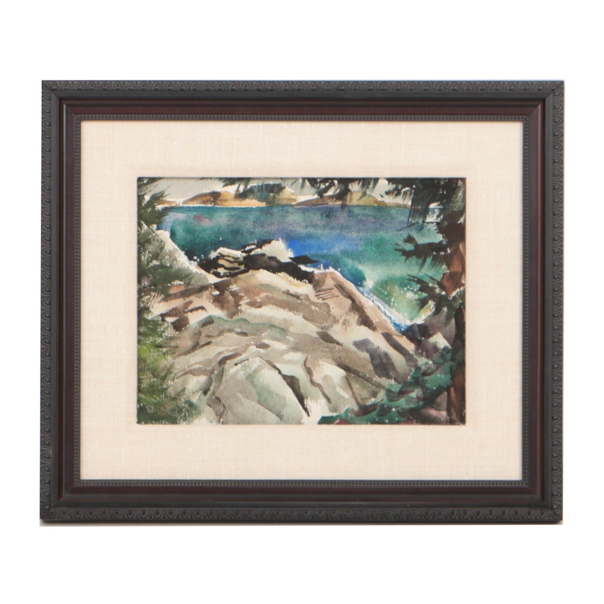 Carl Zimmerman Watercolor on Paper Rocky Coastal Scene