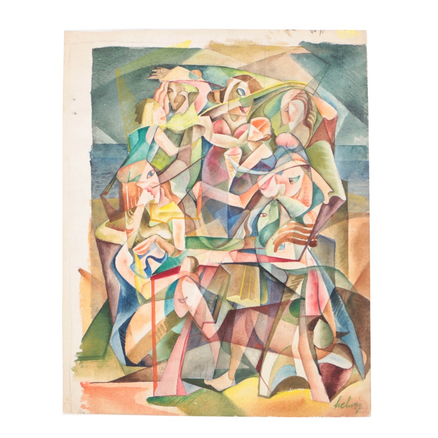 Arthur Helwig Watercolor on Paper of Cubist Figural Composition