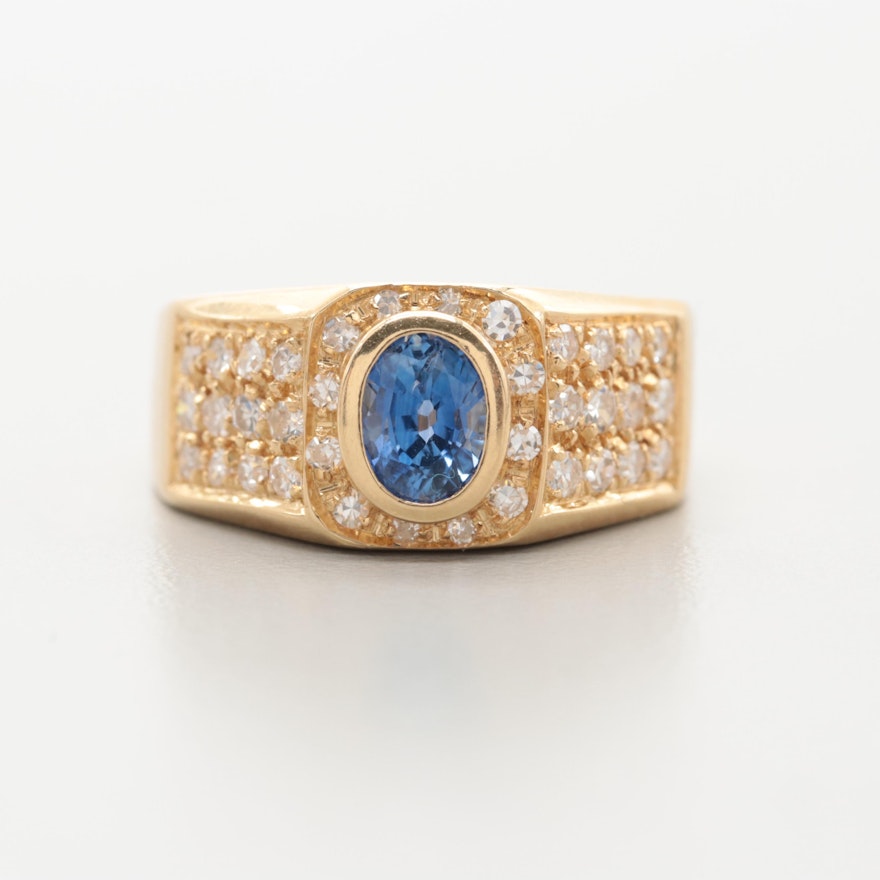 18K Yellow Gold Blue Sapphire and Diamond Ring