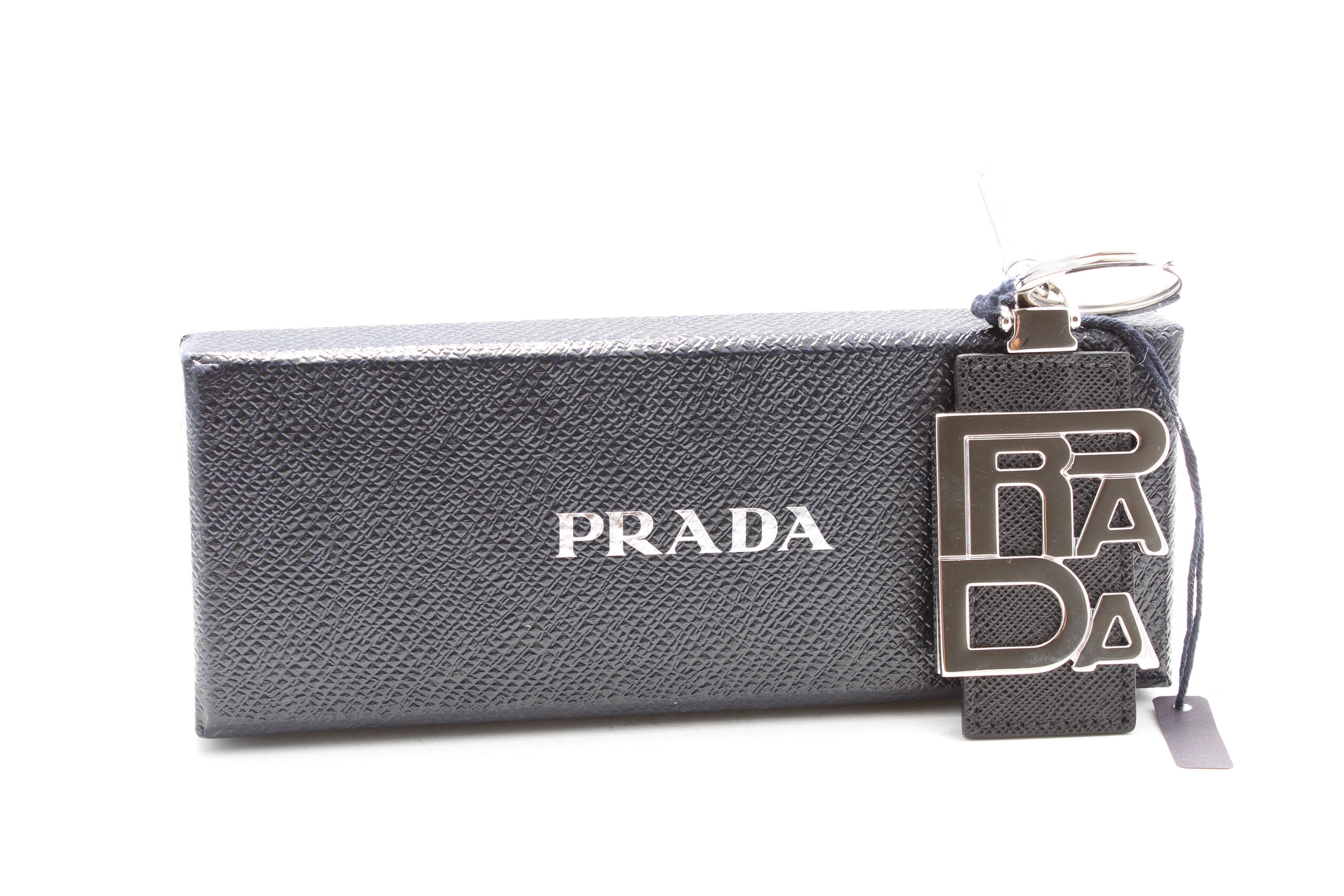 Prada Saffiano Leather and Silver Tone Metal Key Chain