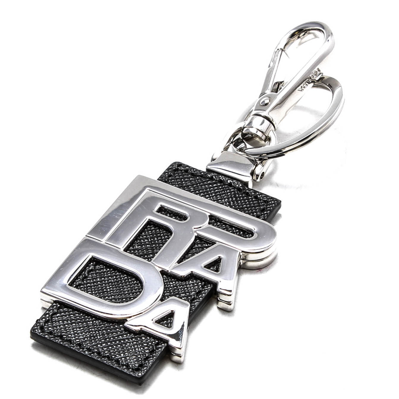 Prada Saffiano Leather and Silver Tone Metal Key Chain