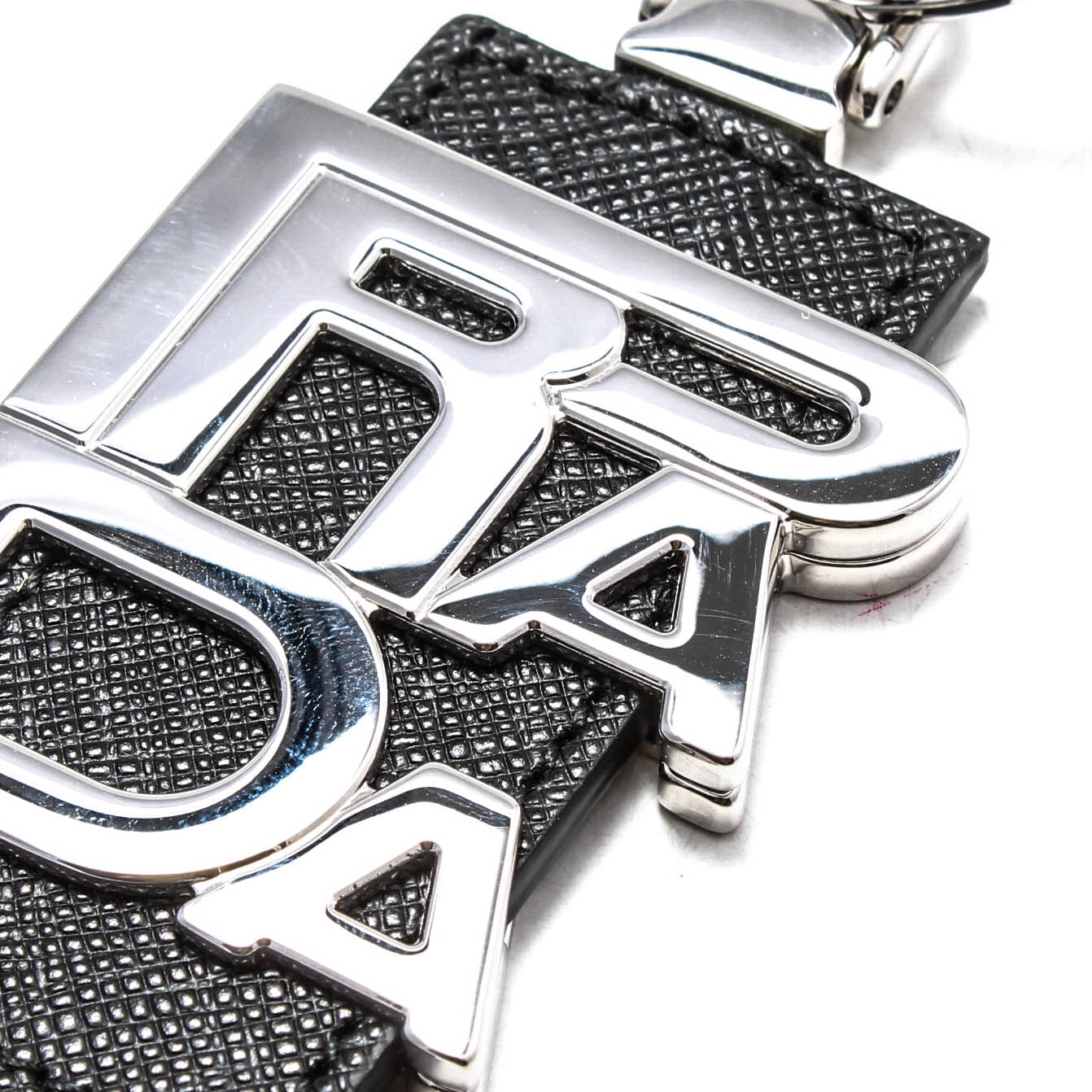 Prada Saffiano Leather and Silver Tone Metal Key Chain