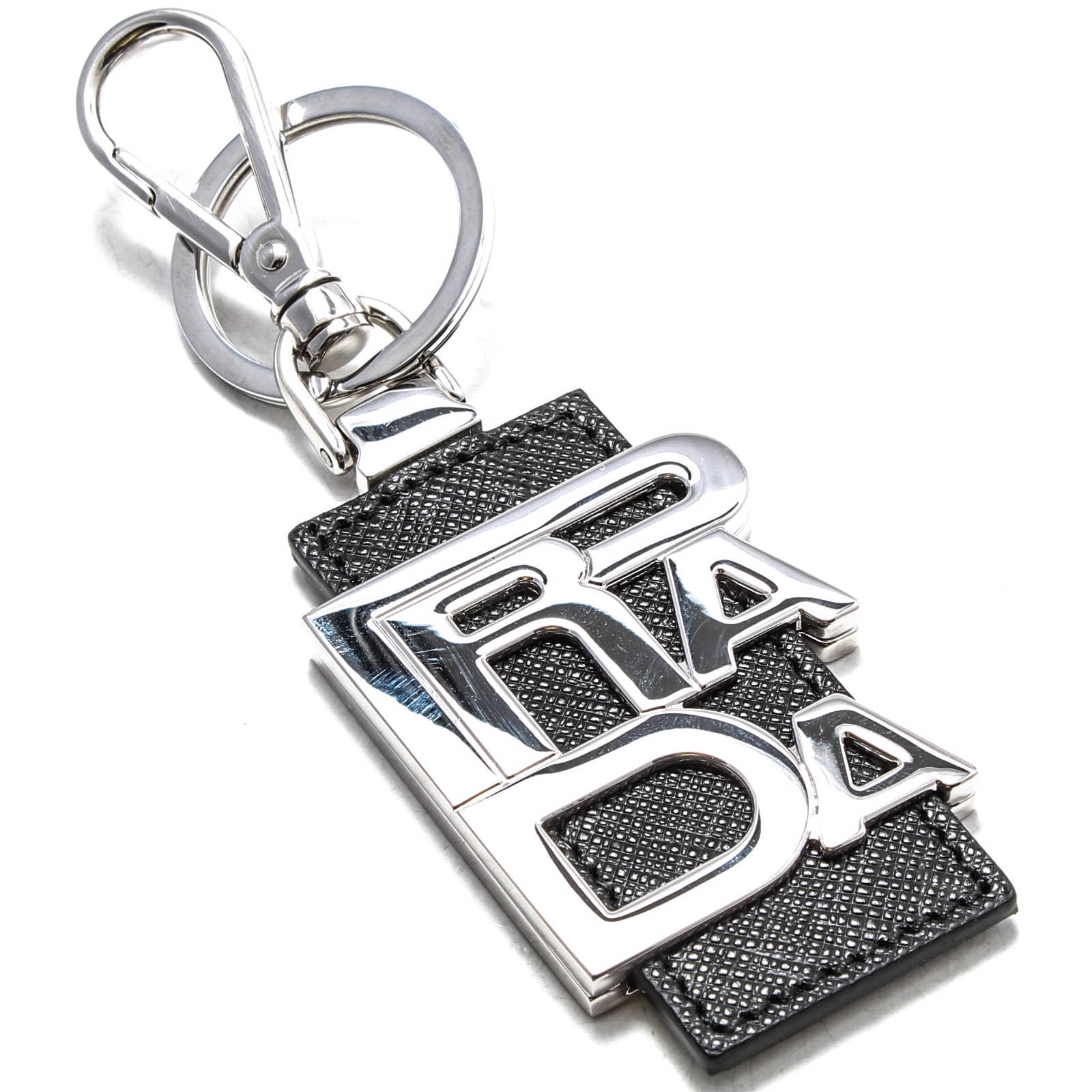 Prada Saffiano Leather and Silver Tone Metal Key Chain