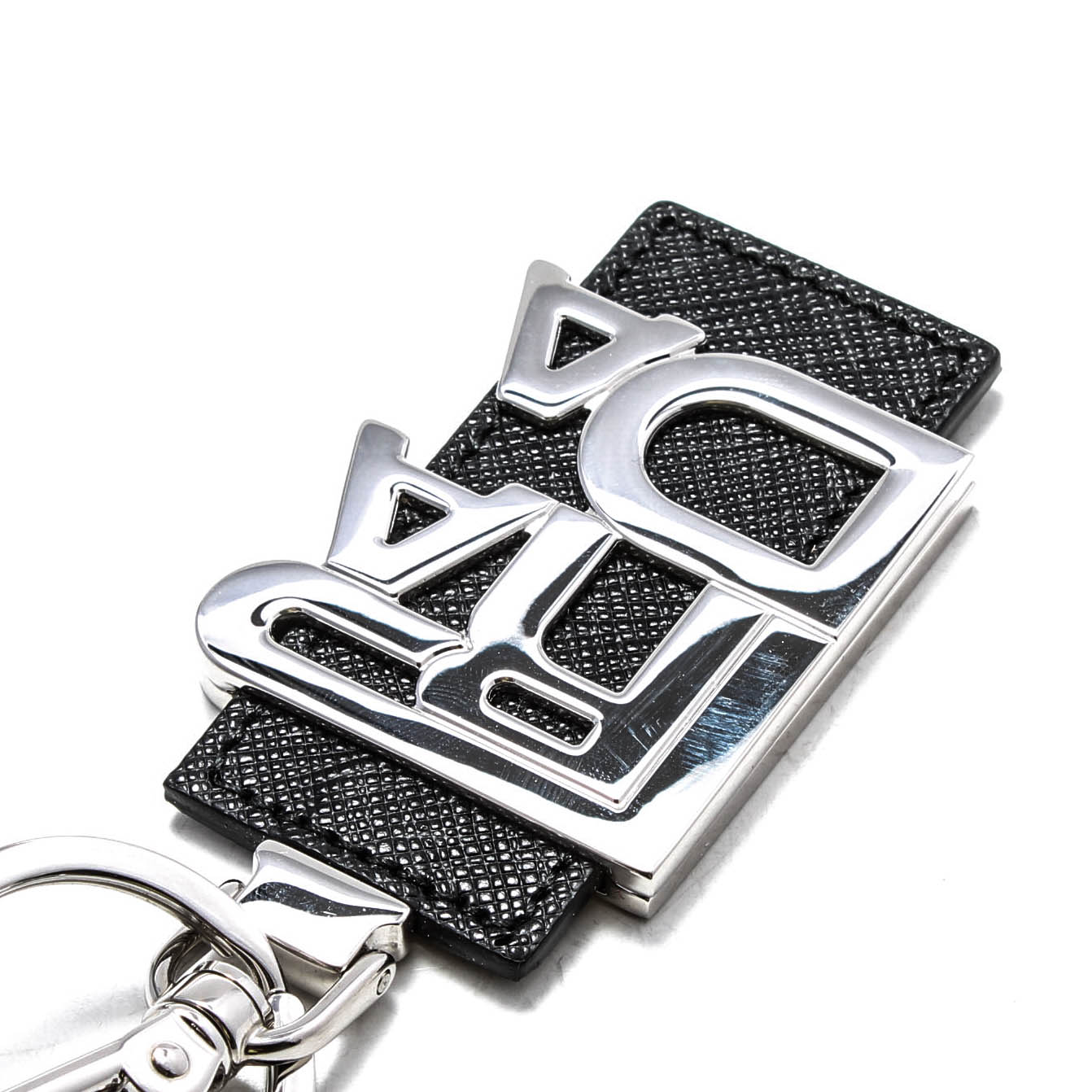 Prada Saffiano Leather and Silver Tone Metal Key Chain