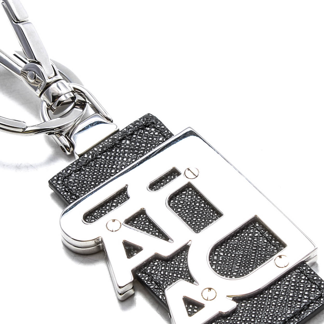 Prada Saffiano Leather and Silver Tone Metal Key Chain