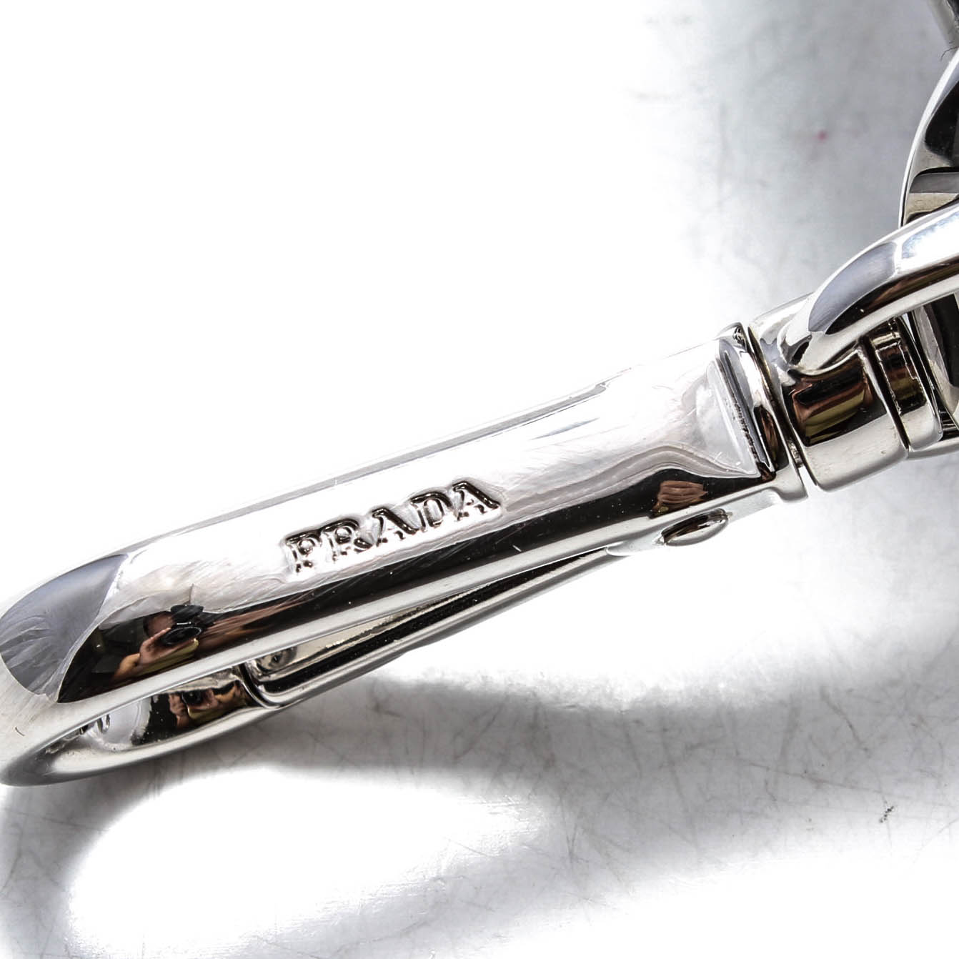 Prada Saffiano Leather and Silver Tone Metal Key Chain