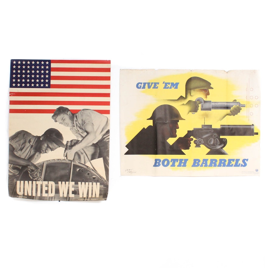 World War II Propaganda Posters "Give 'Em Both Barrels" and "United We Win"