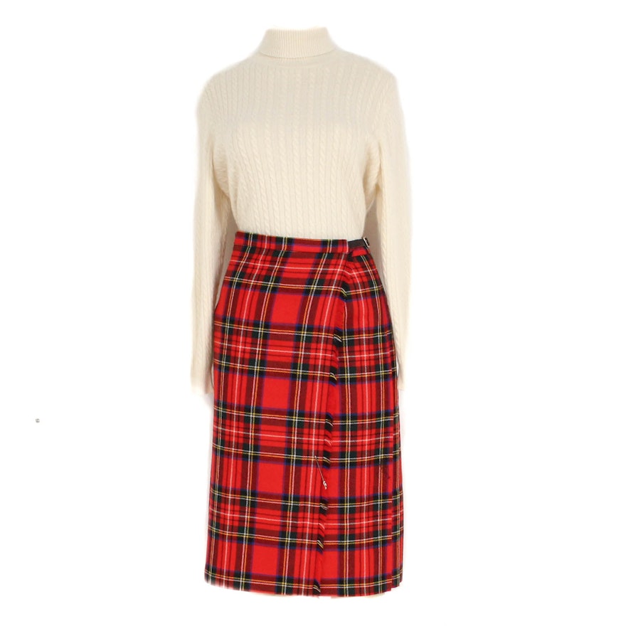 Women's Edinburgh Mills Tartan Plaid Wool Skirt and Cashmere Sweater