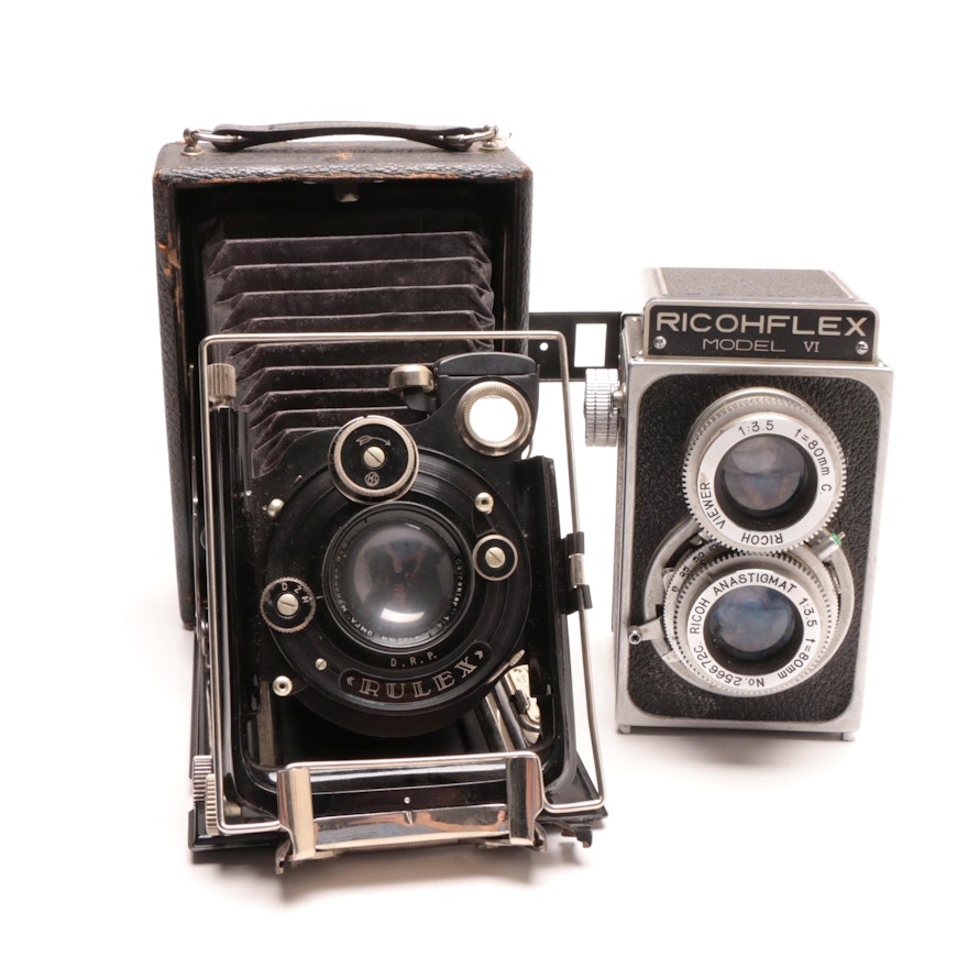 RicohFlex Model VI Camera and Leather Carrier and a Welta Folding Camera