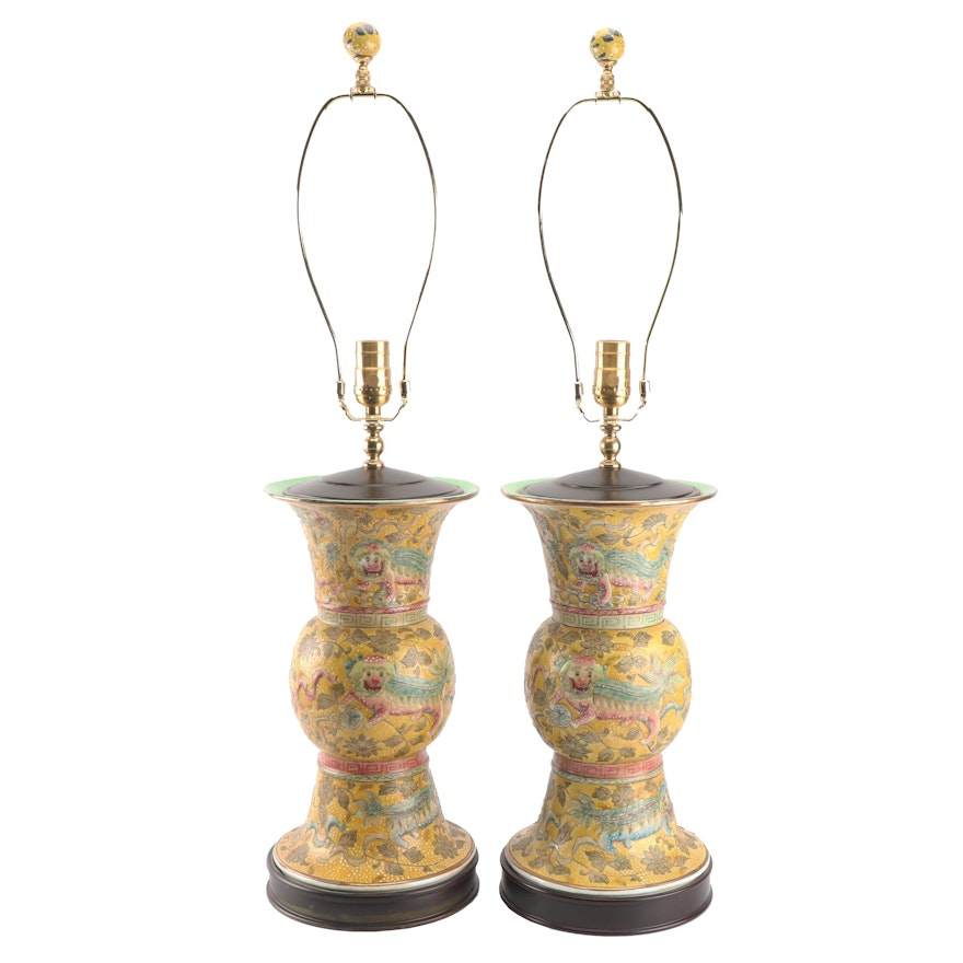 Chinese Famille Jaune Ceramic Gu Vase Table Lamps