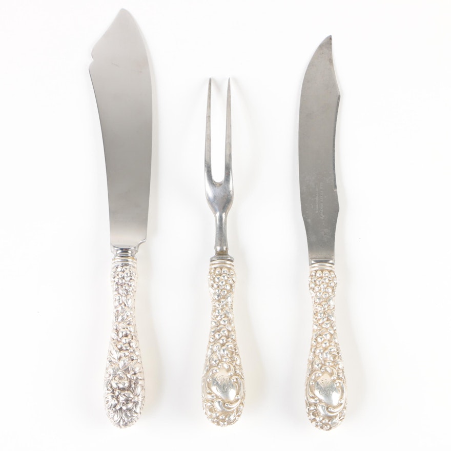 Stieff Co. "Repoussé" Sterling Silver Handled Carving Set and Cake Slicer