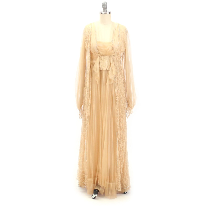 Circa 1910s Antique Edwardian Embroidered Tulle and Silk Gown