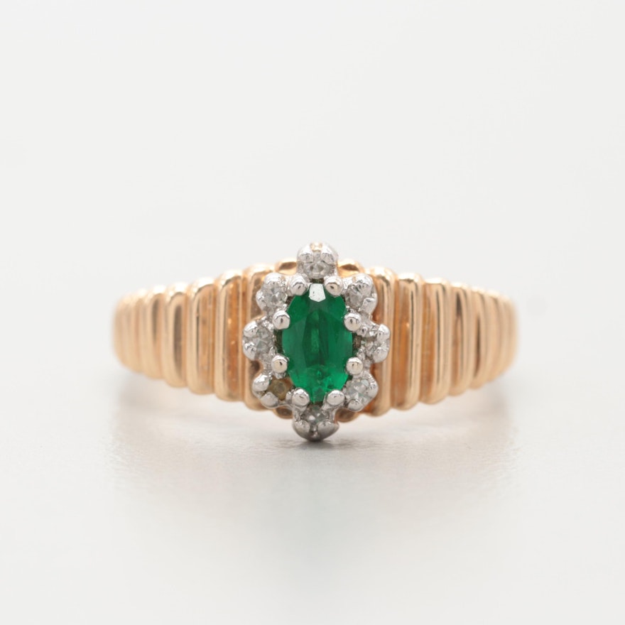 14K Yellow Gold Synthetic Emerald and Diamond Ring