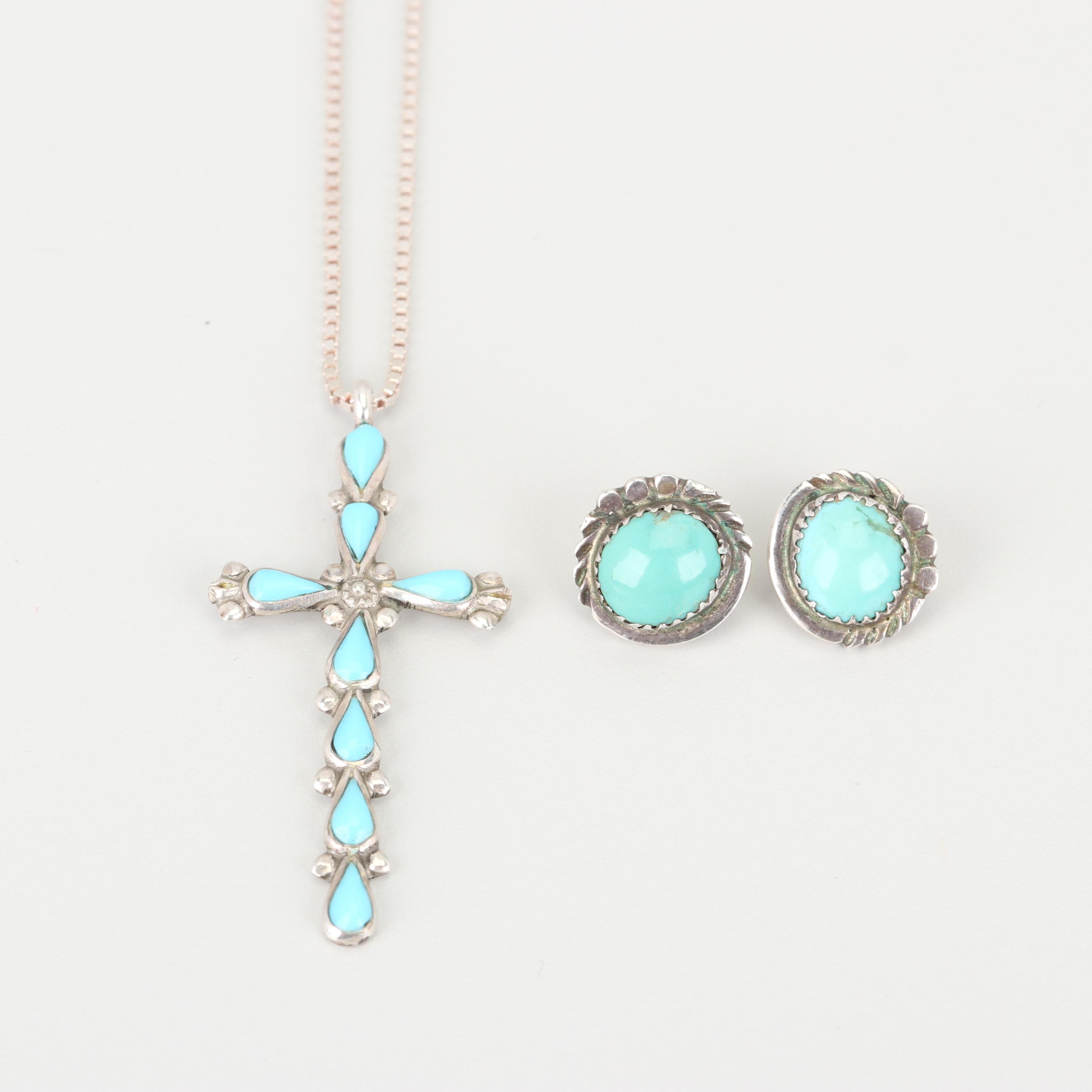 Sterling Silver Turquoise Earrings and Howlite Pendant Necklace