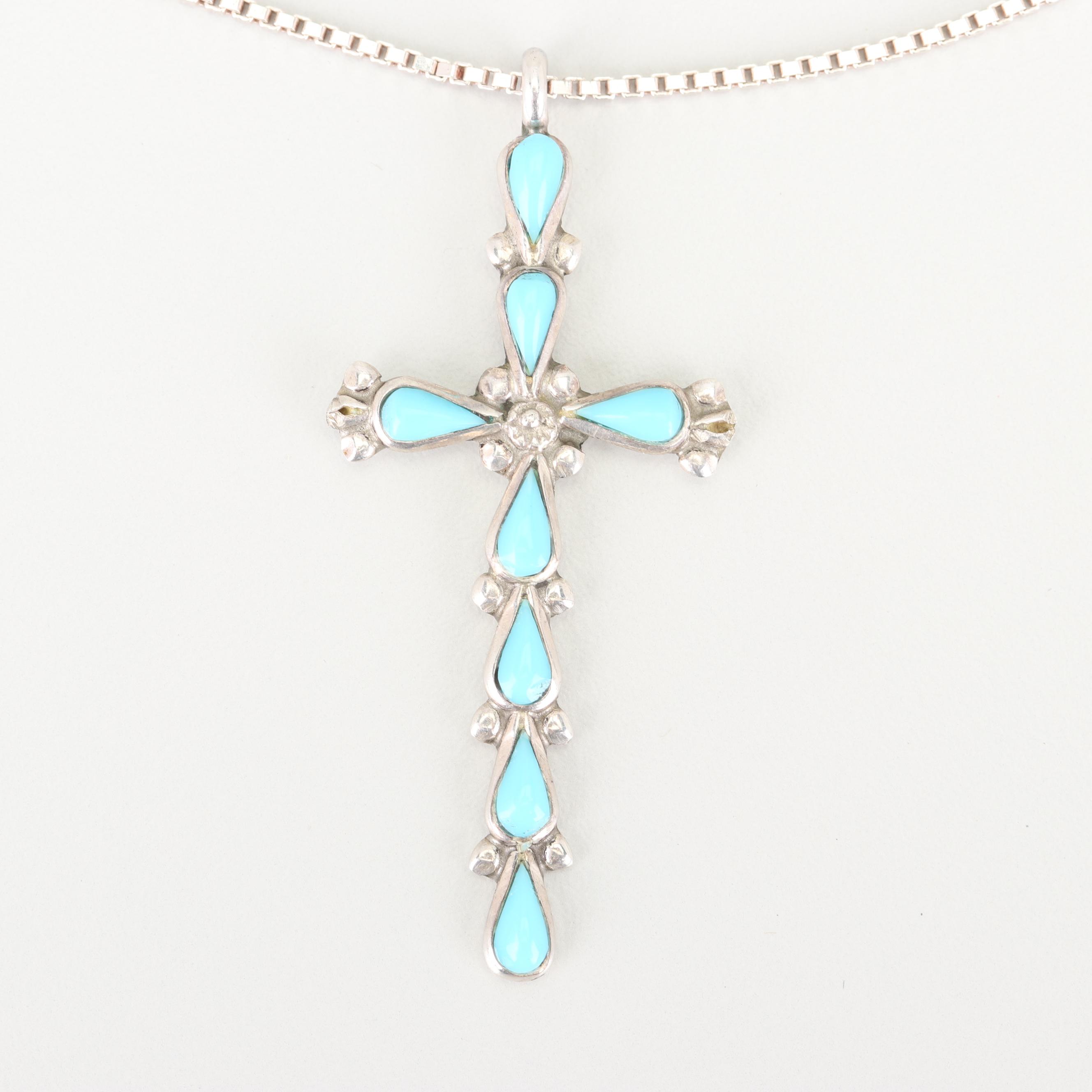 Sterling Silver Turquoise Earrings and Howlite Pendant Necklace