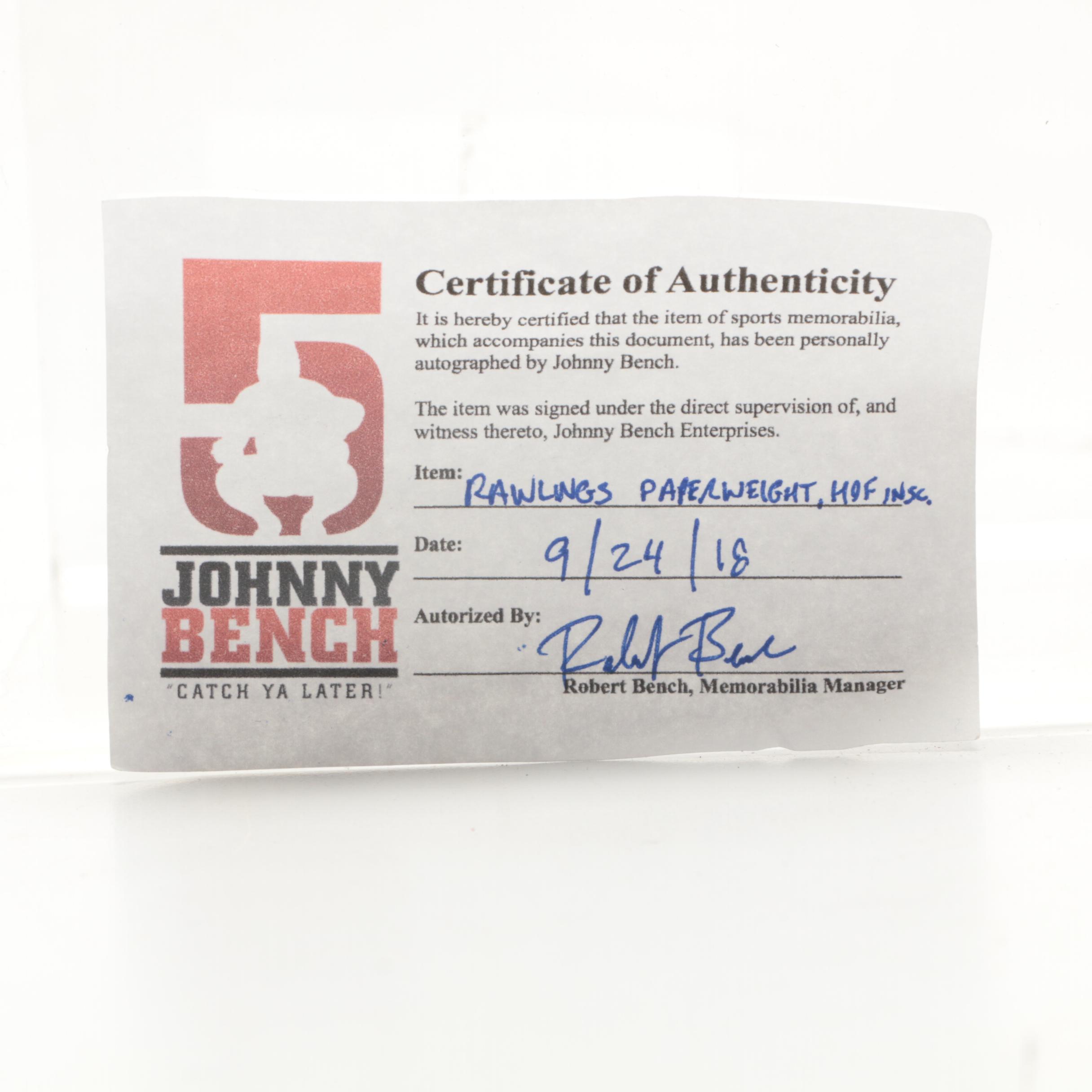 Johnny Bench Signed Rawlings Baseball Paperweight  COA
