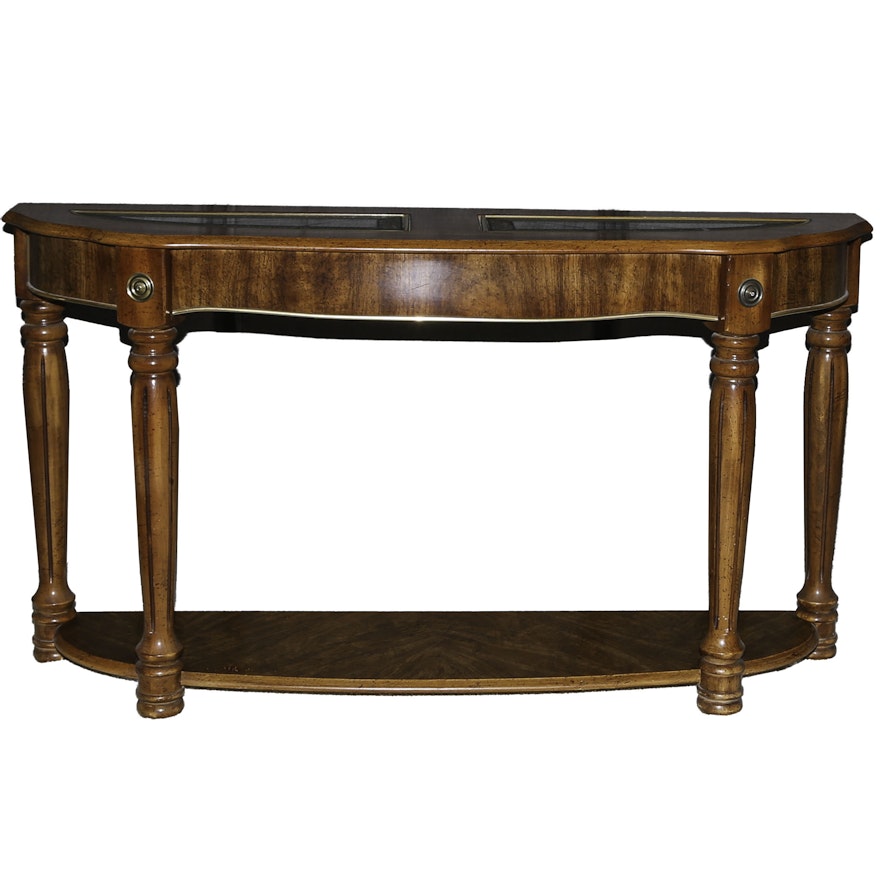 Contemporary Oak Laminate Glass Top Demilune Console Table