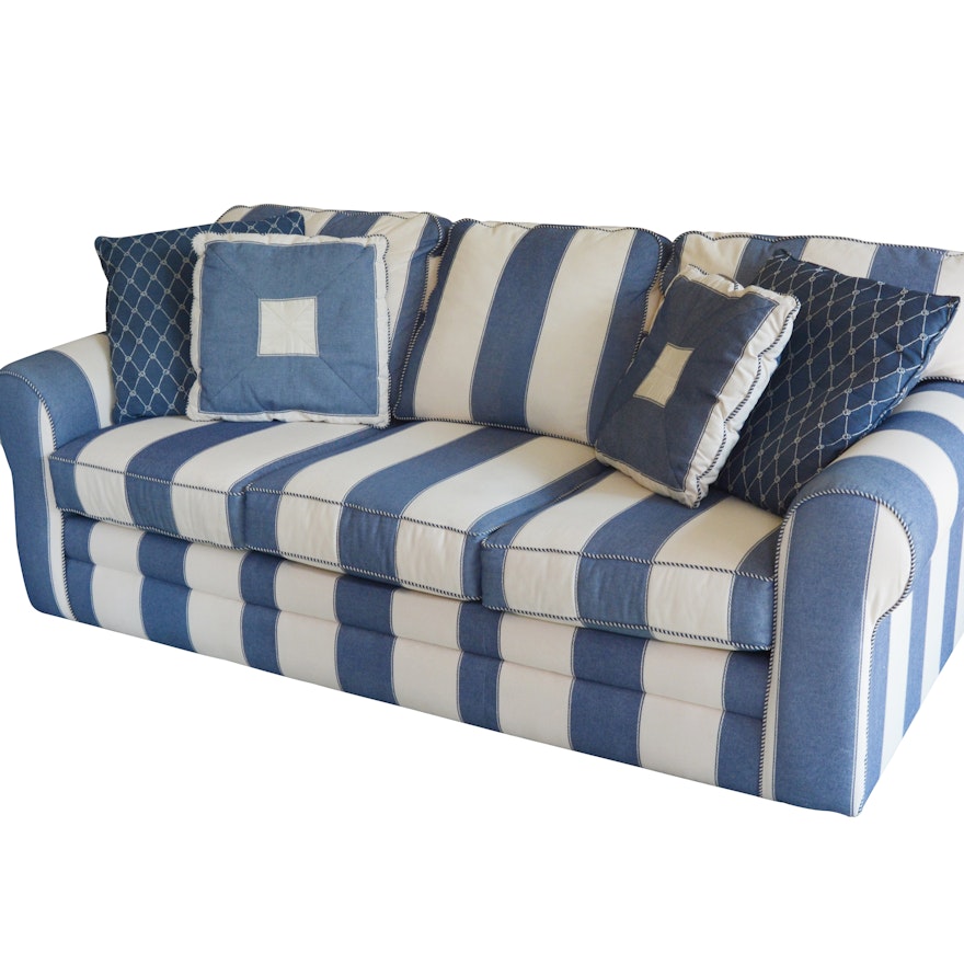 Denim Blue and Cream Striped Sofa by J.G. Hook for Bassett Furniture