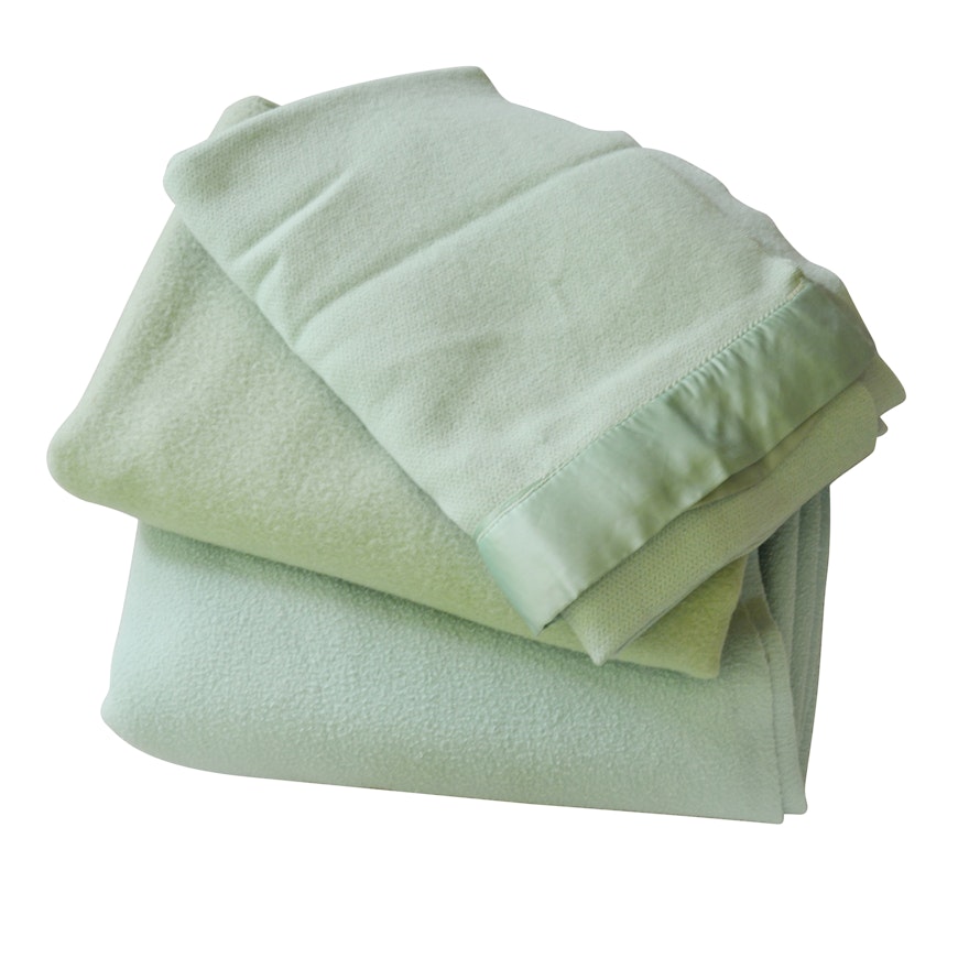 Green Wool Satin Trimmed Queen Blankets