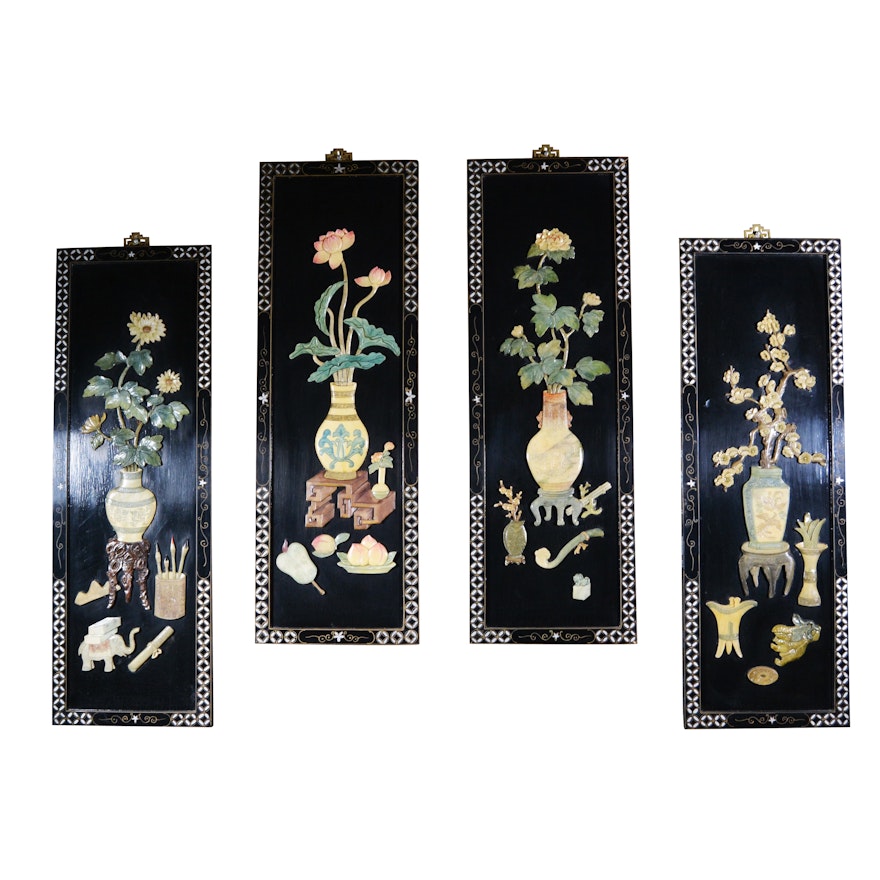 Four Chinese Wood and Hard Stone Decorative Panels