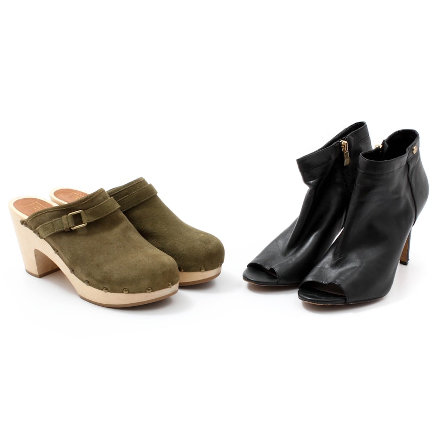 Vince Camuto Open-Toe Black Leather Booties and Gap Olive Suede Clogs