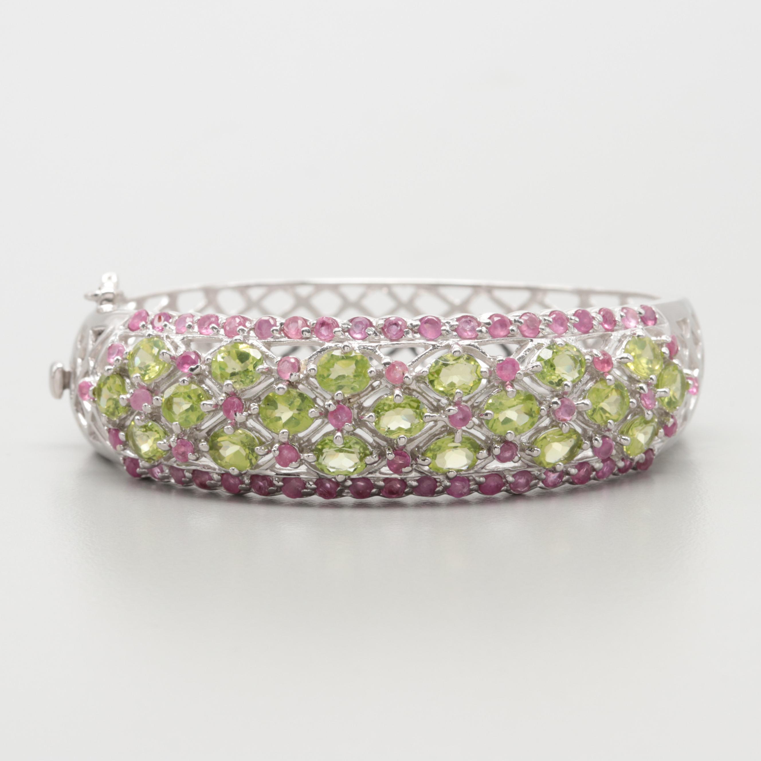 Sterling Silver Peridot and Ruby Hinged Bangle Bracelet