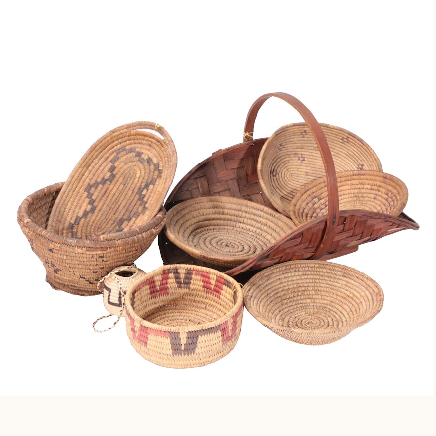 Vintage Woven Grass and Wood Baskets