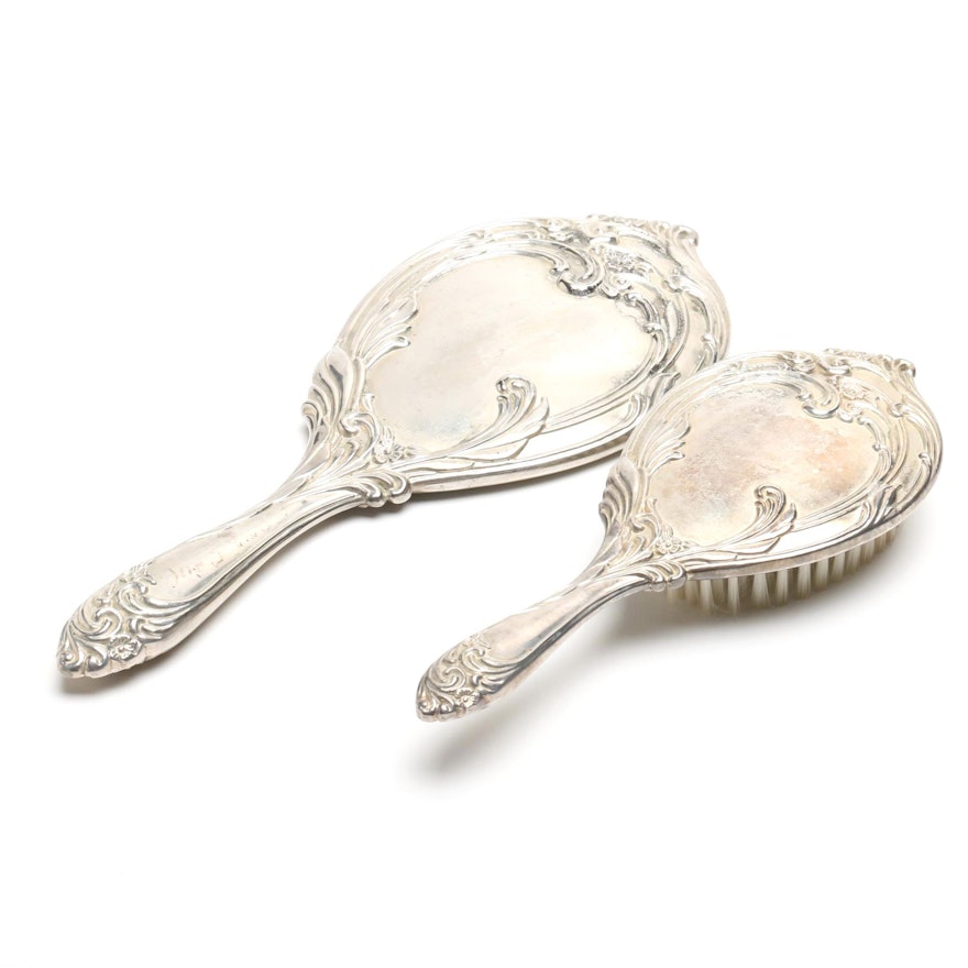 Silver-Plate Vanity Set Including Mirror and Brush With Scrolling Floral Pattern