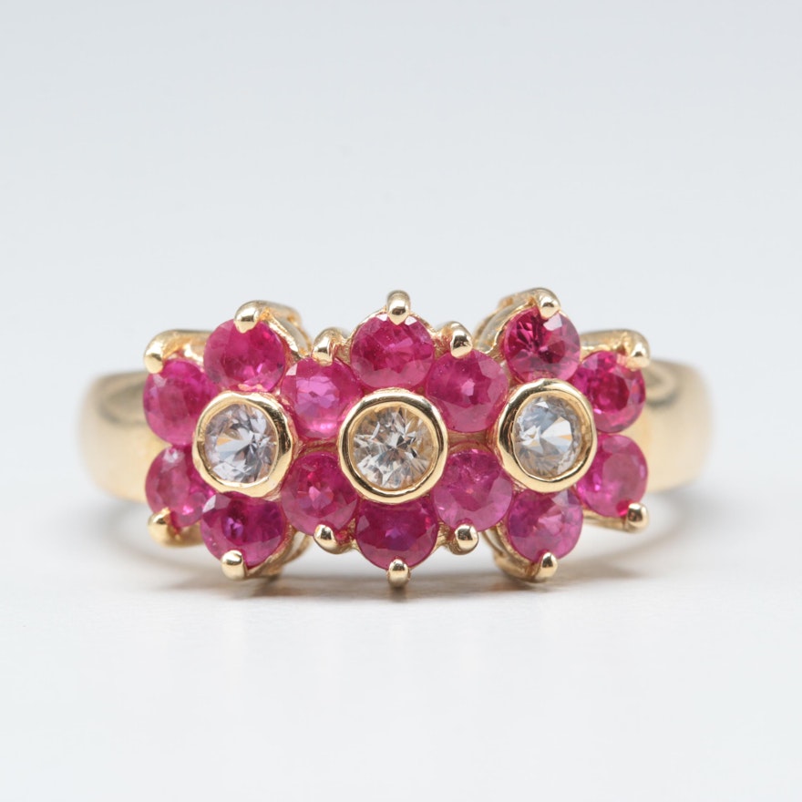 18K Yellow Gold White Sapphire and Ruby Ring