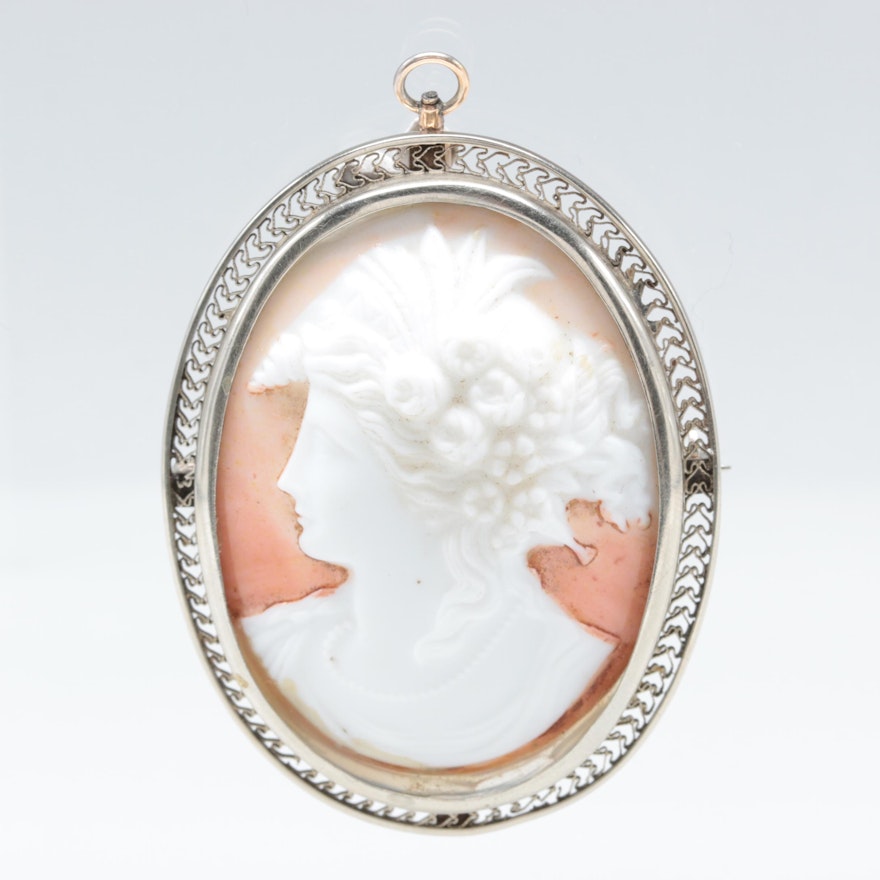 14K White Gold Ceramic Cameo Converter Brooch with 10K Yellow Gold Bail