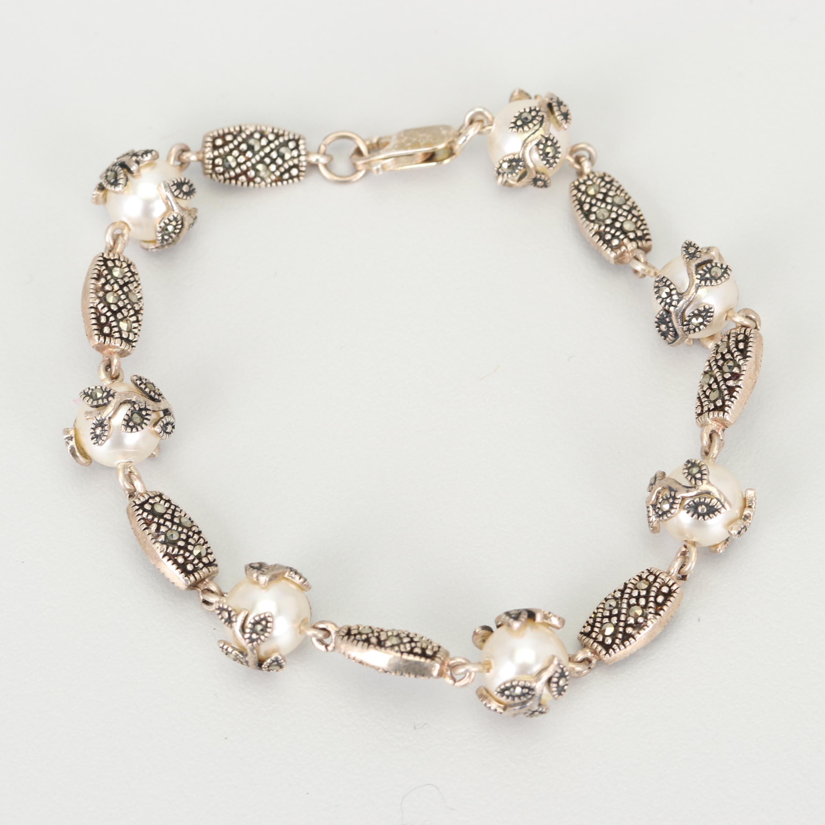 Sterling Silver Pearl and Marcasite Earrings and Bracelet