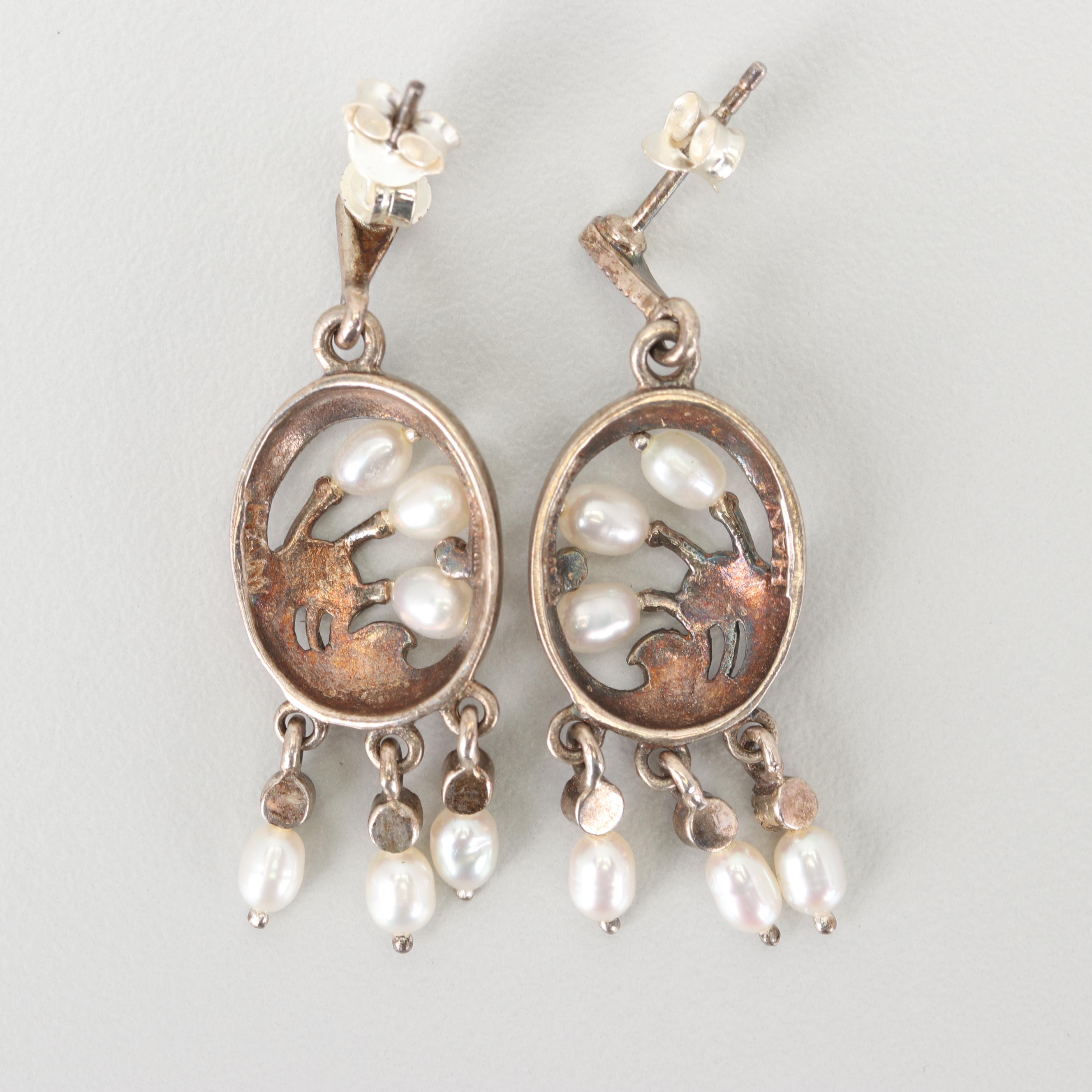 Sterling Silver Pearl and Marcasite Earrings and Bracelet