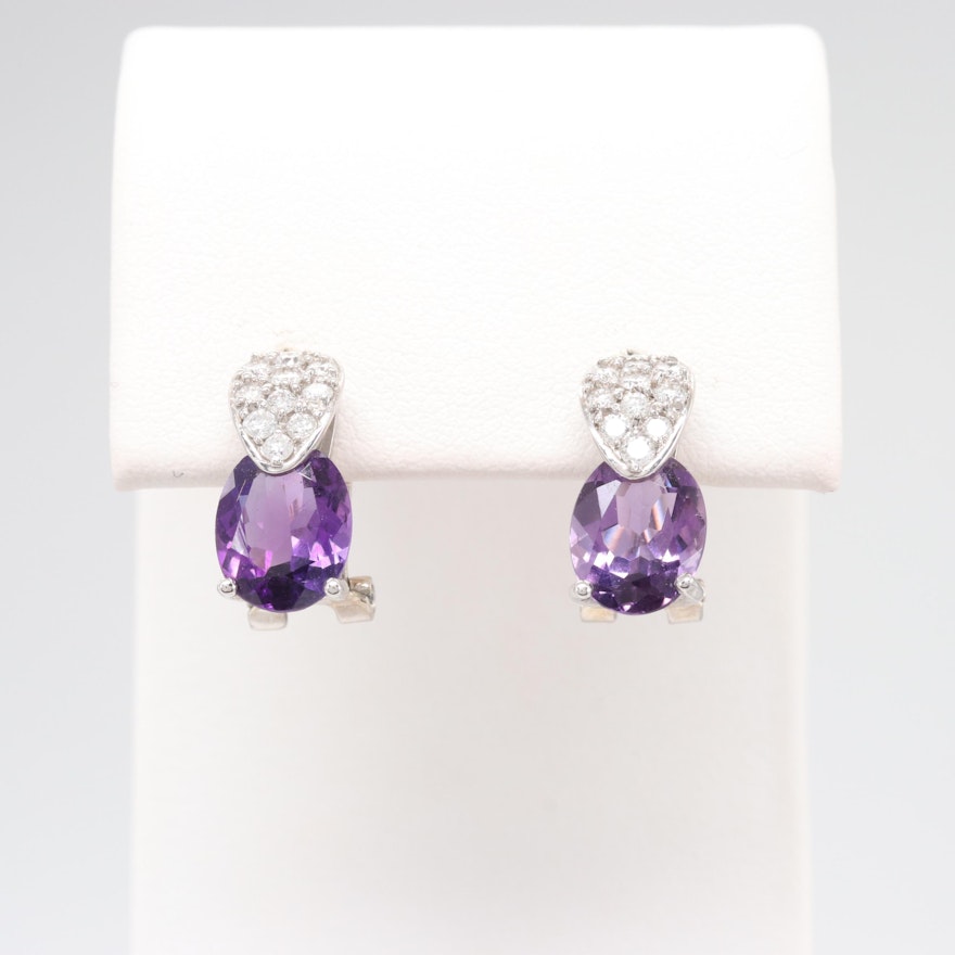 14K White Gold Amethyst and Diamond Omega Back Earrings