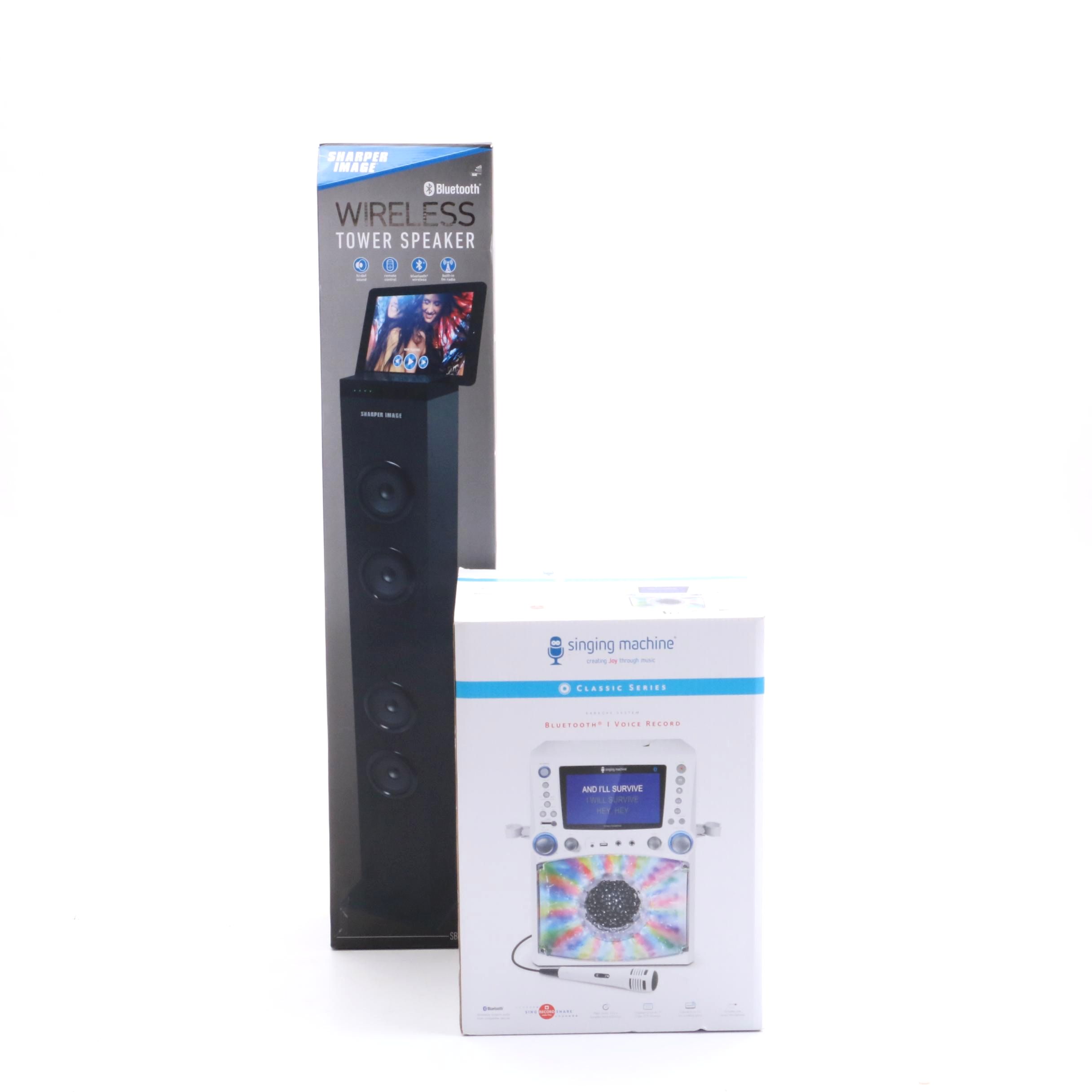 Singing Machine Karaoke System and Sharper Image Tower Speaker